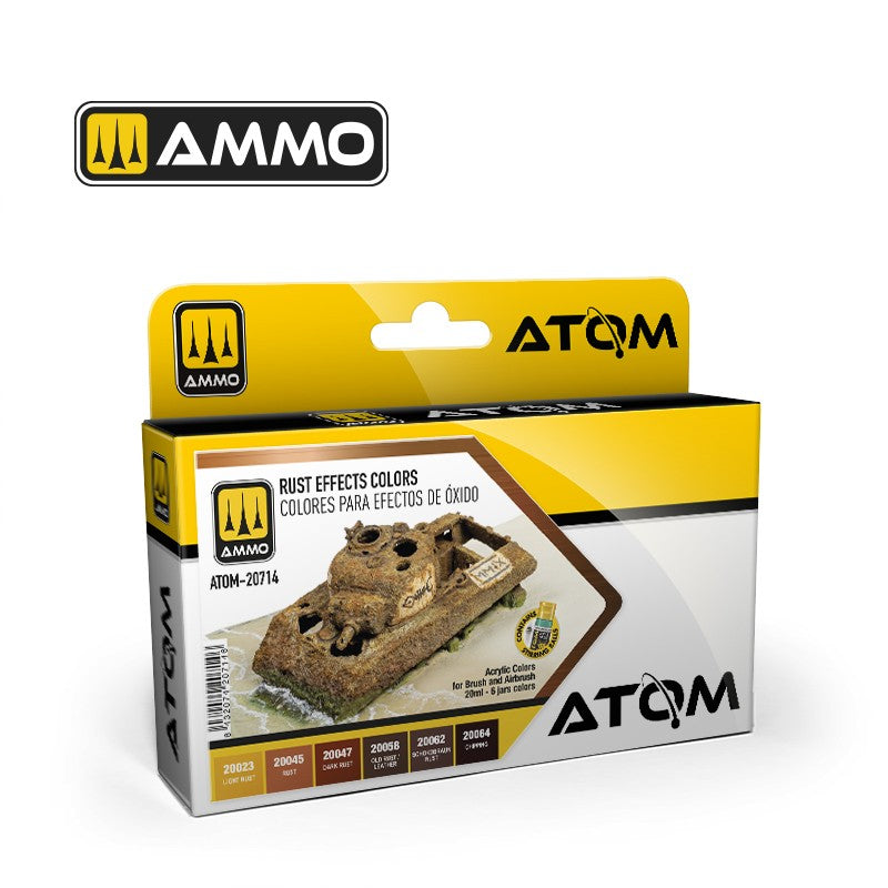 AMMO Atom Rust Effects Colours paint box showing a rusted model tank and six colour swatches