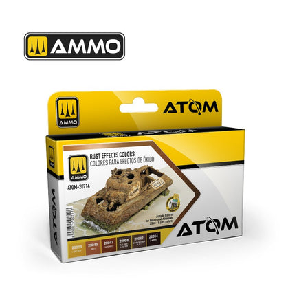 AMMO Atom Rust Effects Colours paint box showing a rusted model tank and six colour swatches