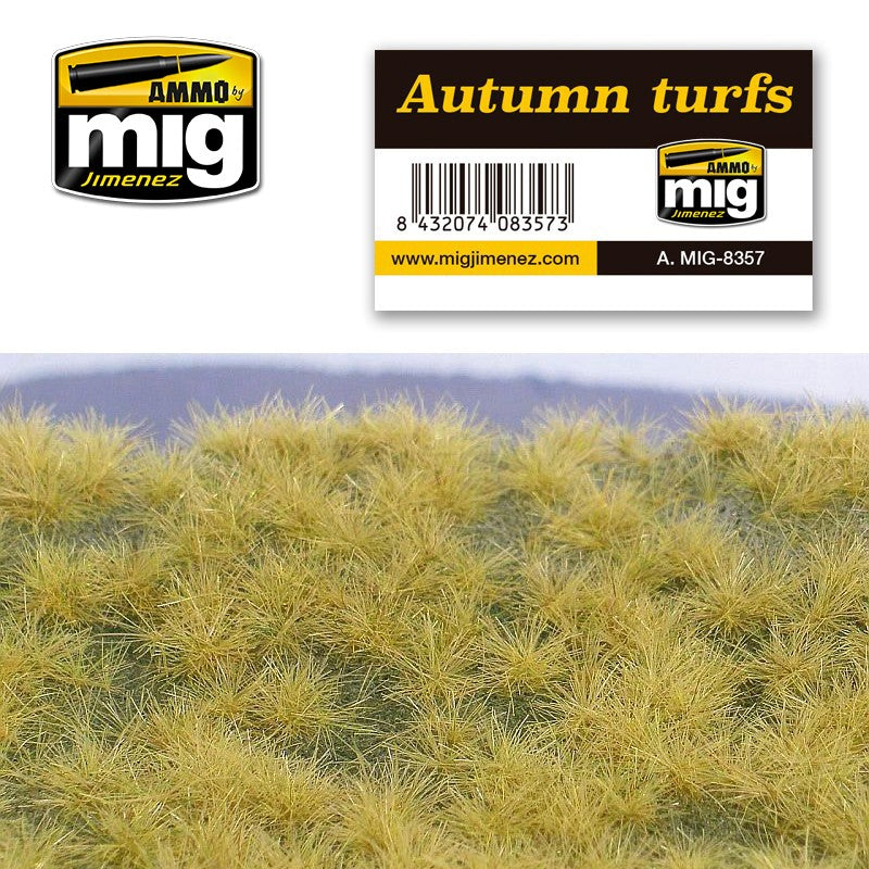 Ammo by Mig Jimenez Autumn turfs product label shown with realistic miniature golden-green grass tufts.
