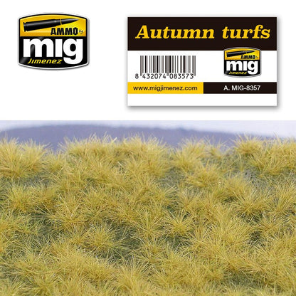 Ammo by Mig Jimenez Autumn turfs product label shown with realistic miniature golden-green grass tufts.