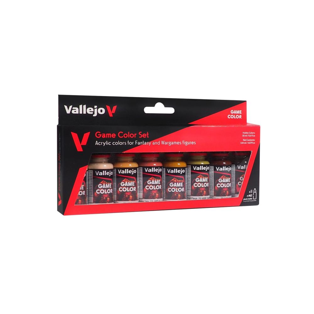 A black and red box holds a Vallejo Game Skin Tone Colour 8-Piece Set with eight small paint bottles in varying skin tones