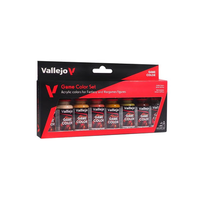 A black and red box holds a Vallejo Game Skin Tone Colour 8-Piece Set with eight small paint bottles in varying skin tones