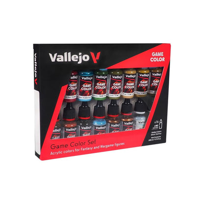 A Vallejo Game Specialist Colour 16-Piece Set box featuring 16 paint bottles in various colors for fantasy and wargame figures