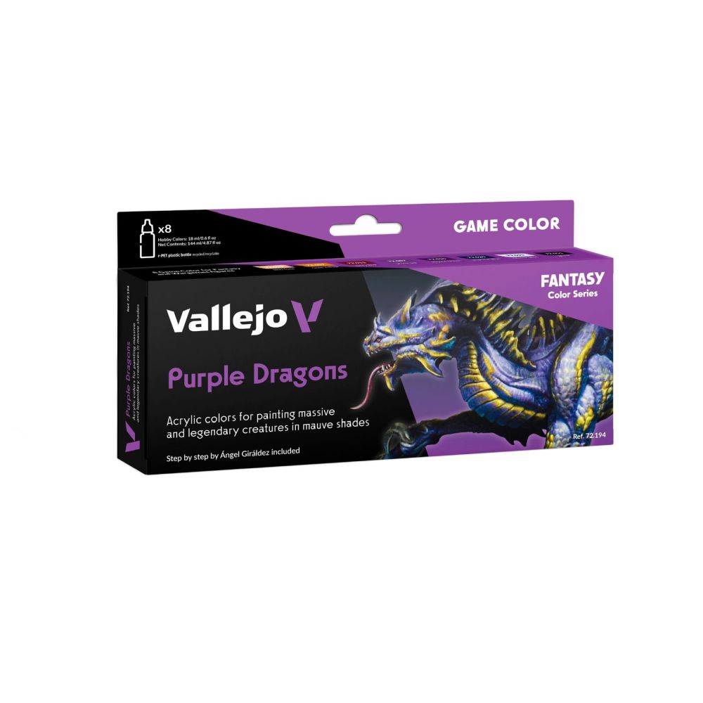 A purple box for the Vallejo Game Purple Dragons Colour 8-Piece Set showing a vibrant purple and yellow dragon illustration