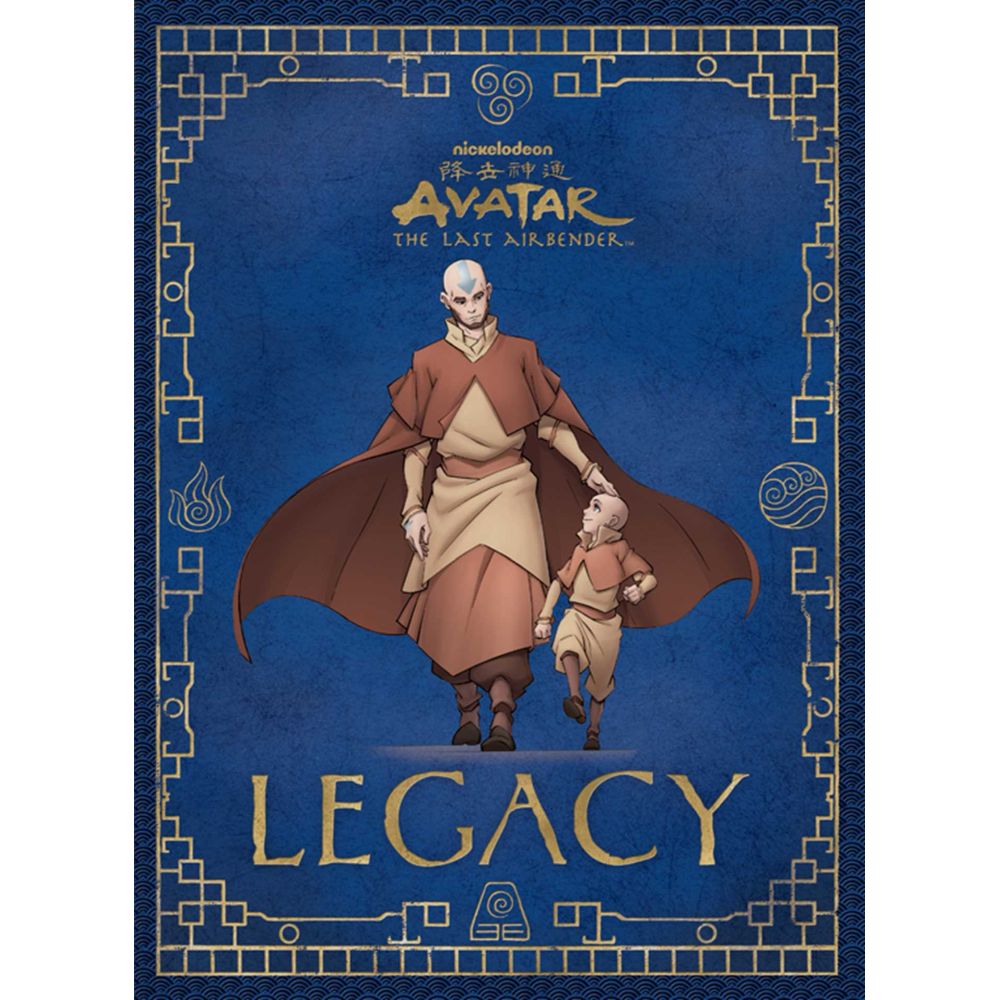 Adult Aang -  with hand on young Tenzin's head -  walks forward on a blue and gold patterned background