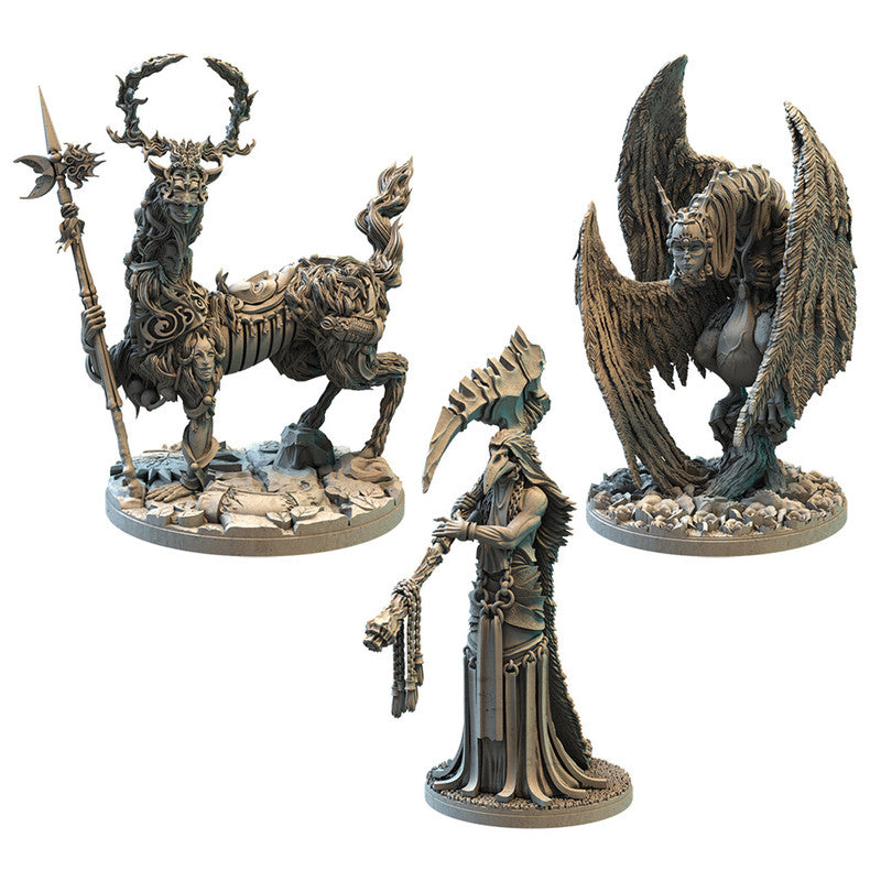 Grey unpainted tabletop miniatures of a skeletal centaur a winged beast and a cloaked figure with a scythe