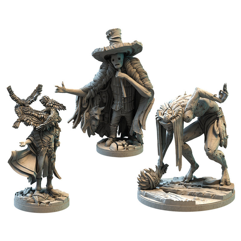 Three unpainted fantasy miniatures in varying styles including bird-headed tall hatted and creature-like figures