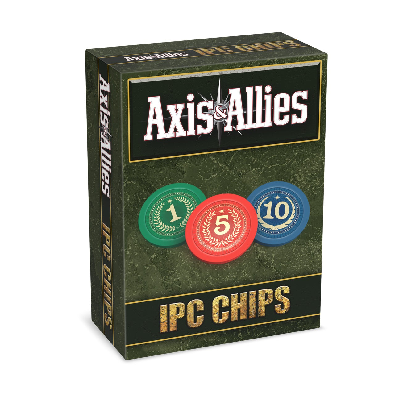 Axis & Allies IPC Chips box displaying green (1), red (5), and blue (10) game chips.