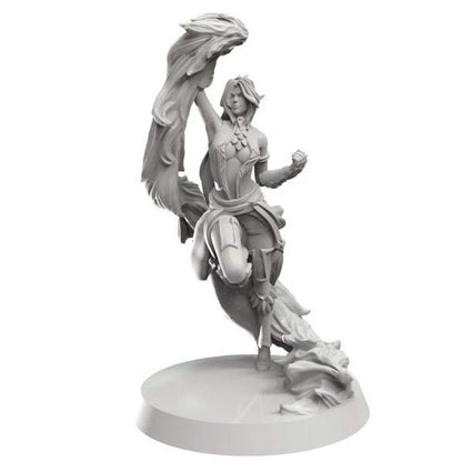 Unpainted miniature of a female fantasy character in a dynamic pose, holding a large, flowing plume aloft