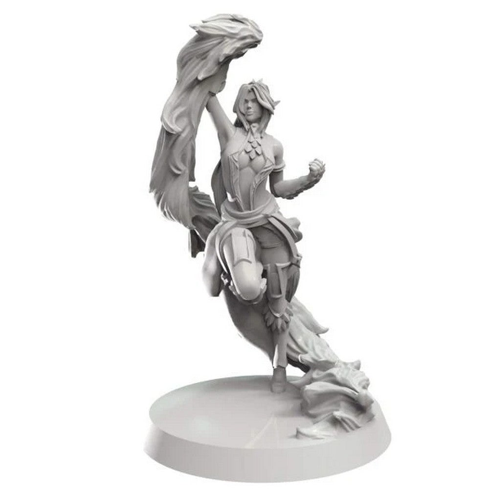 Unpainted miniature of a female fantasy character in a dynamic pose, holding a large, flowing plume aloft