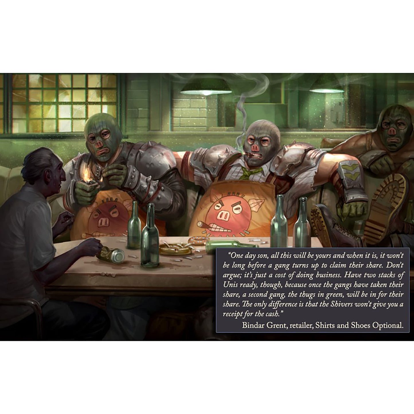 A man sits across from three masked, armored thugs with pig-nosed masks at a table
