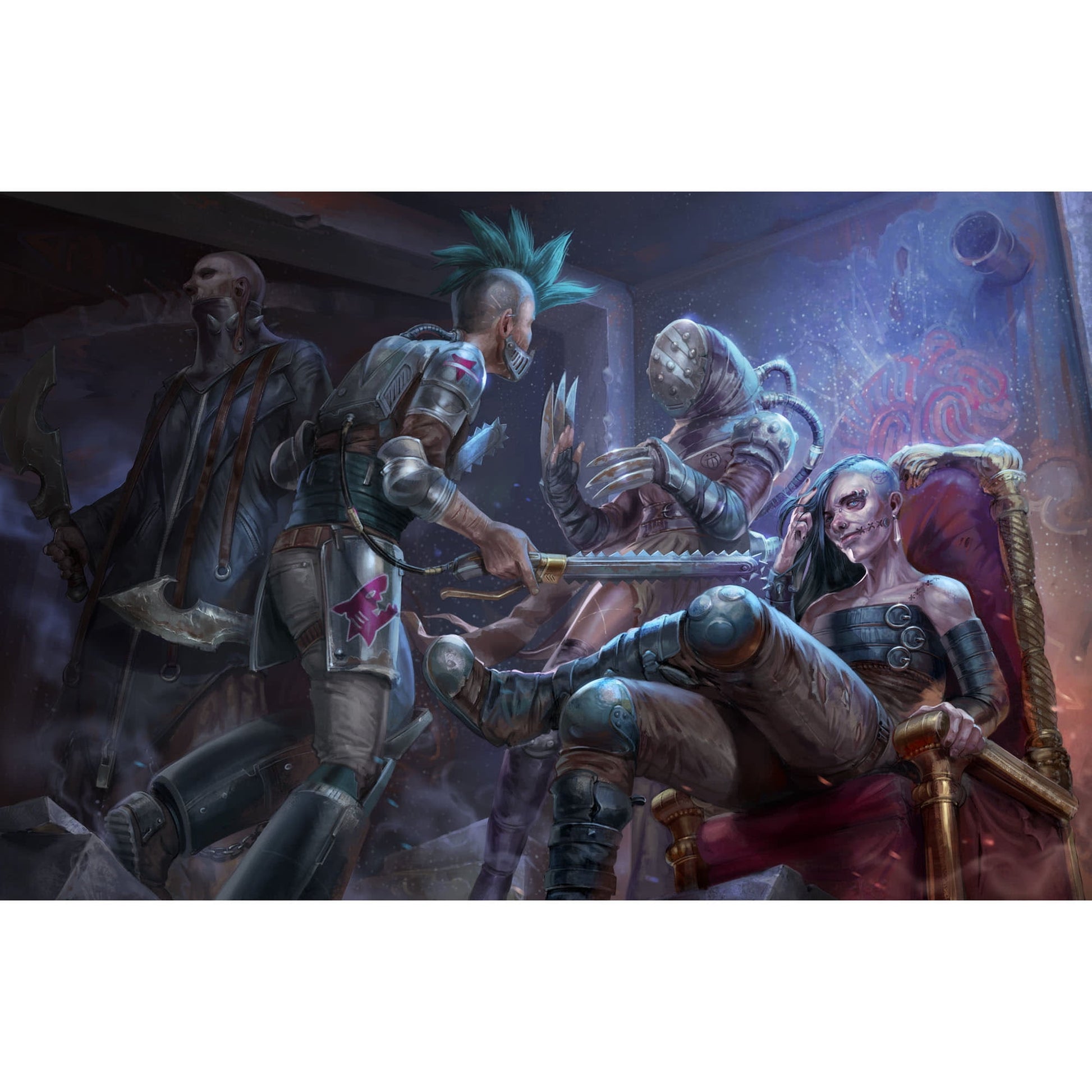 Four cyberpunk-style figures in a grim room