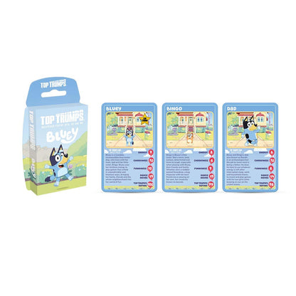 Bluey Top Trumps card game set featuring a pack and three character cards for Bluey Bingo and Dad with their unique stats