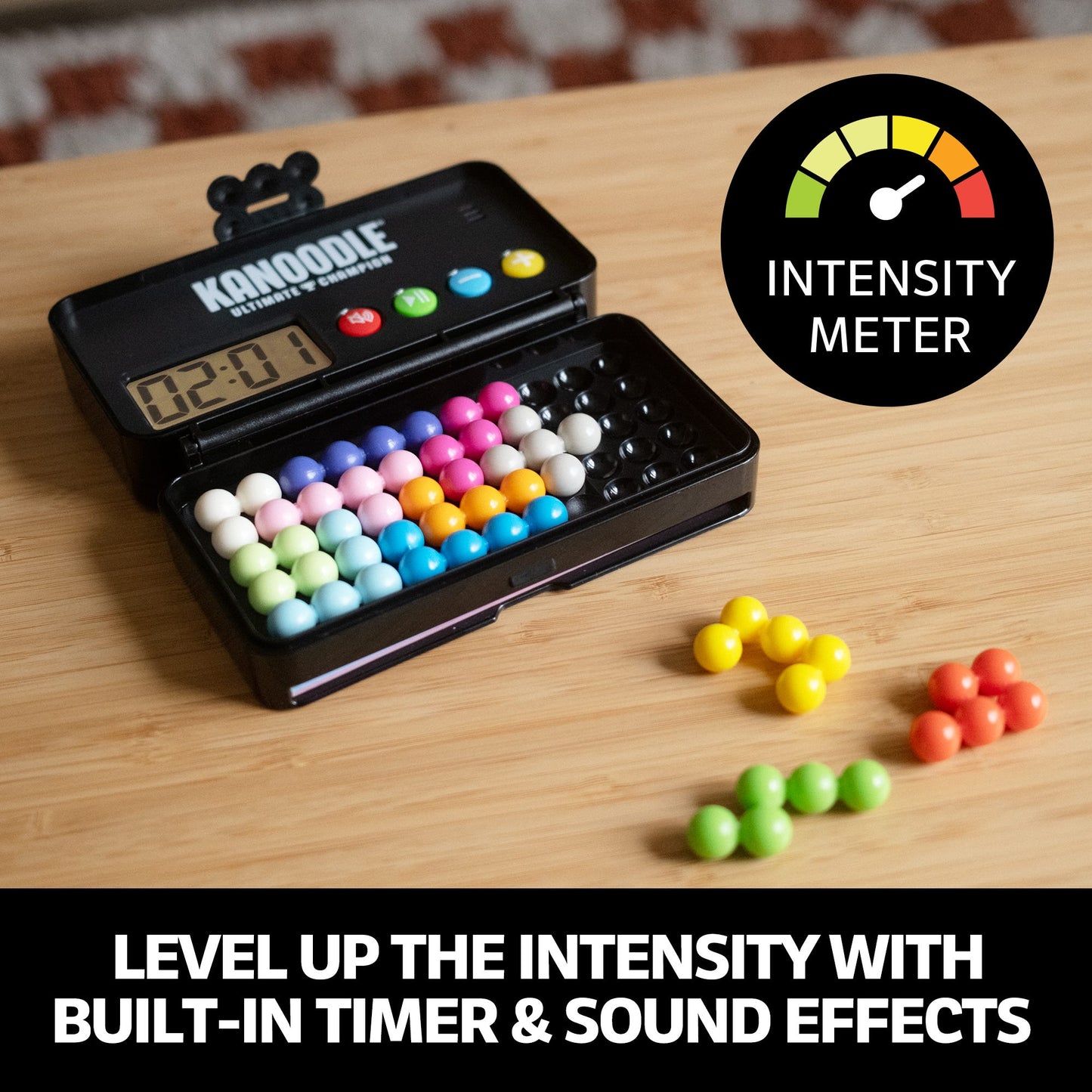 Electronic Kanoodle Ultimate Champion game box open, displaying a timer and colourful puzzle balls