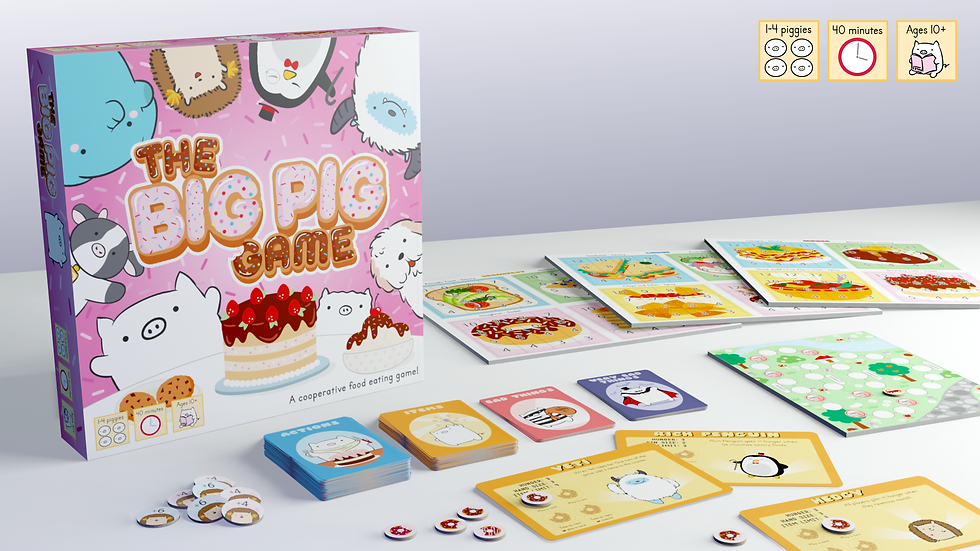 A "The Big Pig Game" board game set featuring its pink box with cute animals and donut letters cards tokens and game boards