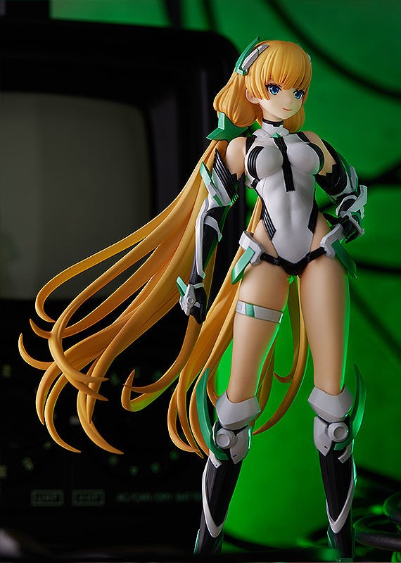 Blonde anime action figure in white and green bodysuit with long flowing hair