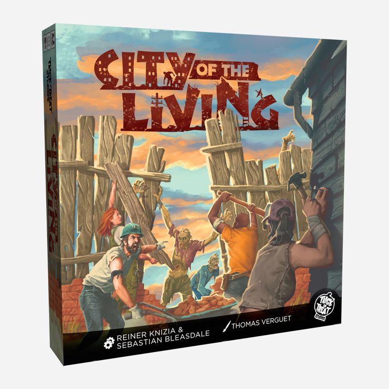 City of the Living board game box featuring zombie hoard attacking a wooden barricade at sunset