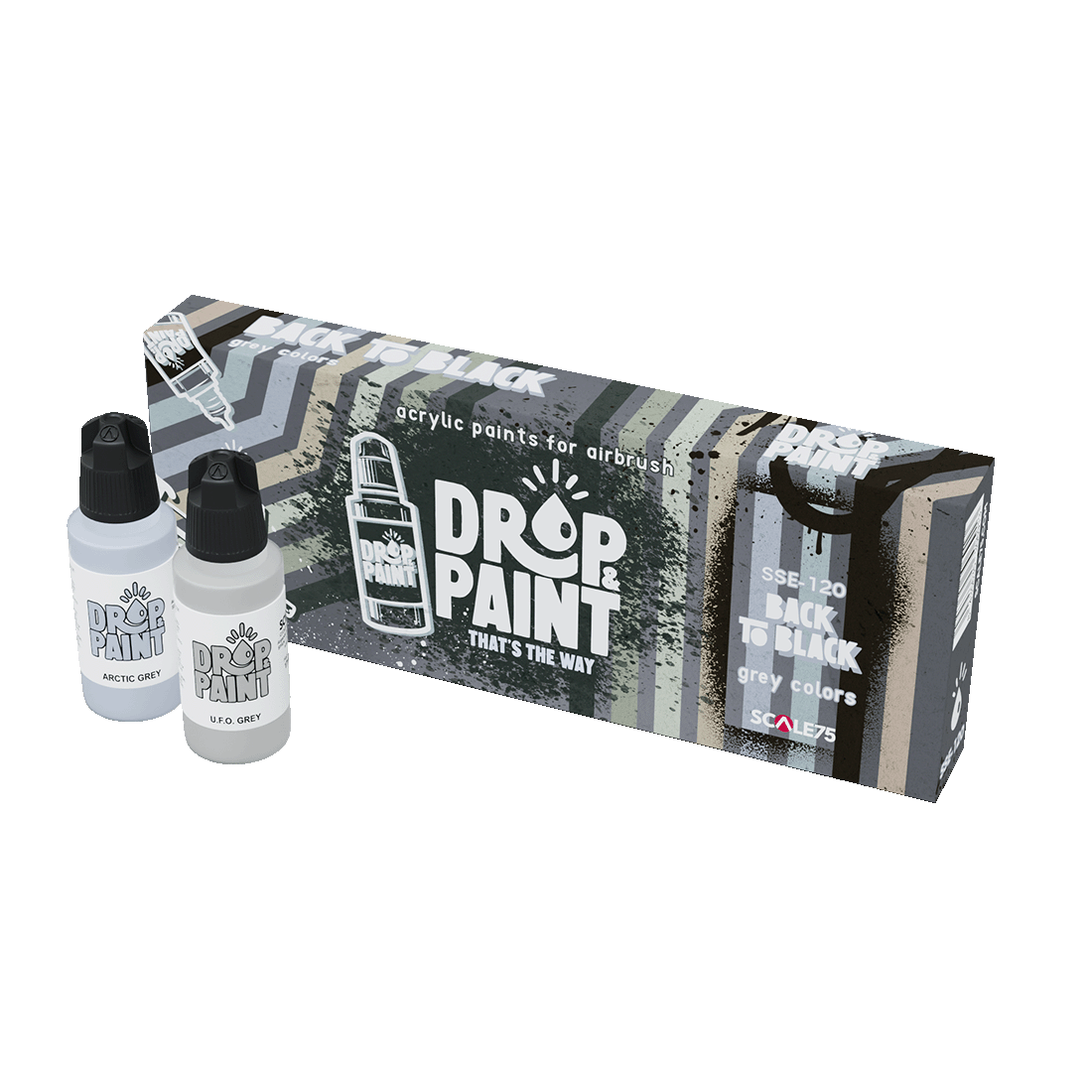 A Scale 75 Drop and Paint Back To Black Paint Set with two light grey paint bottles, Arctic Grey and UFO Grey, next to its box of acrylic airbrush paints