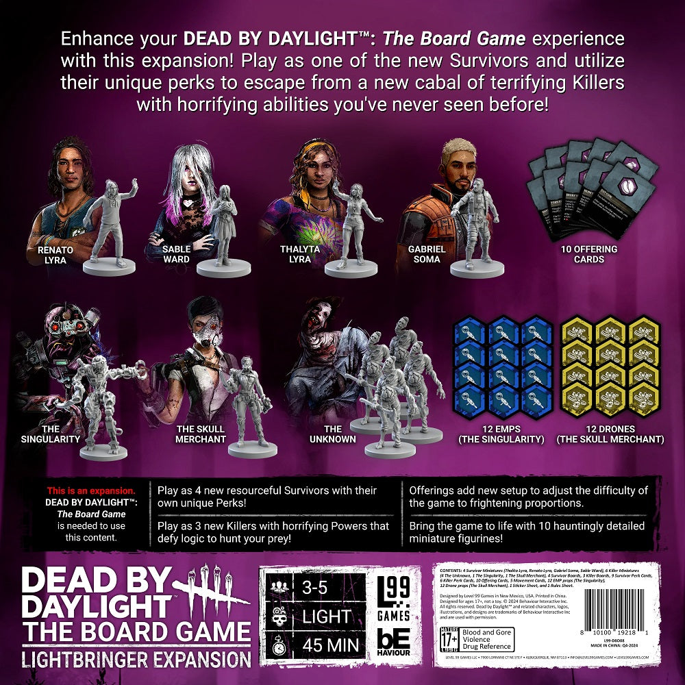 Dead by Daylight: Board Game - Lightbringer Expansion components: miniatures of Survivors, Killers, cards, and tokens