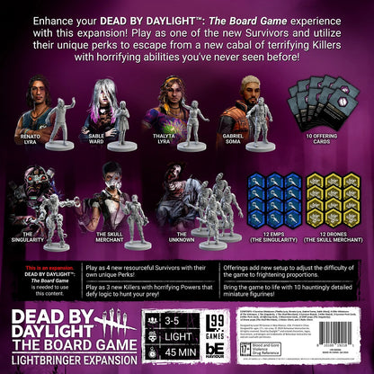 Dead by Daylight: Board Game - Lightbringer Expansion components: miniatures of Survivors, Killers, cards, and tokens