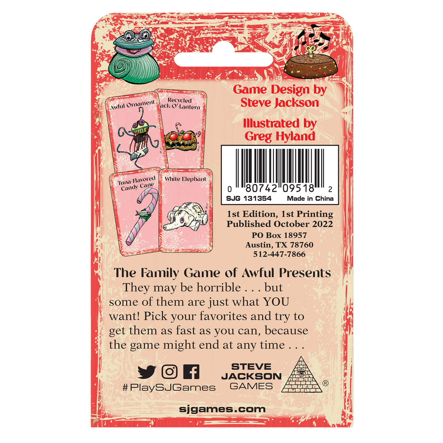 Back of the Bad Christmas game box highlighting humorous text and sample cards with a holiday theme