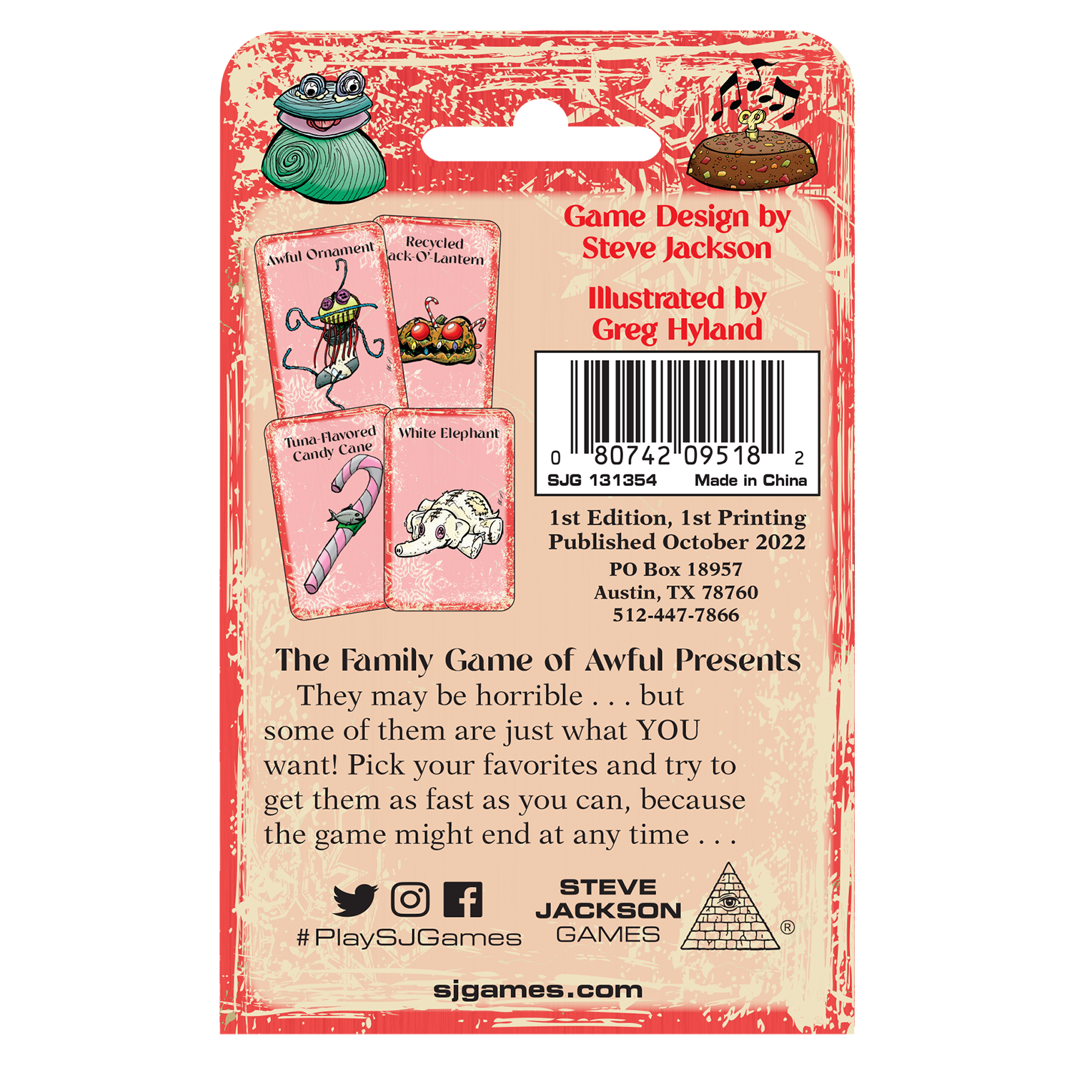 Back of the Bad Christmas game box highlighting humorous text and sample cards with a holiday theme