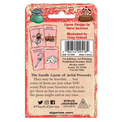 Back of the Bad Christmas game box highlighting humorous text and sample cards with a holiday theme