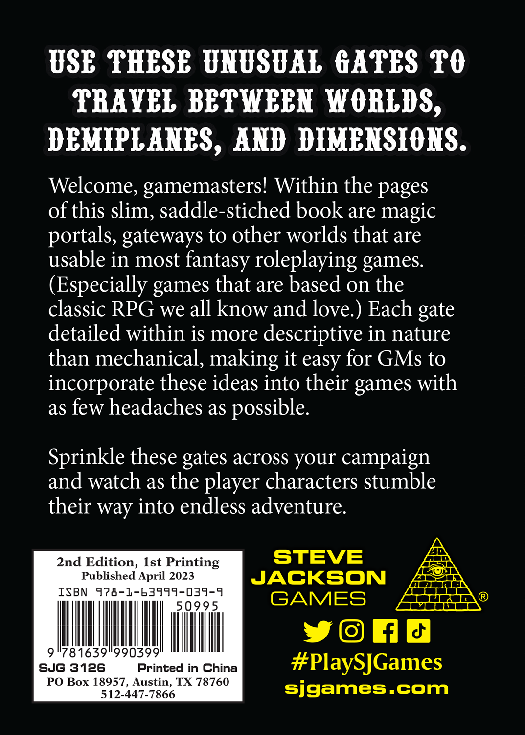 Back cover of Gregor's Guide to Gates RPG book
