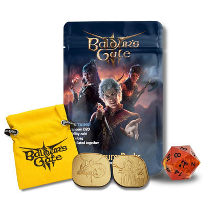 Baldur's Gate merchandise set: character package, yellow dice bag, two embossed gold tokens, and an orange D20 die