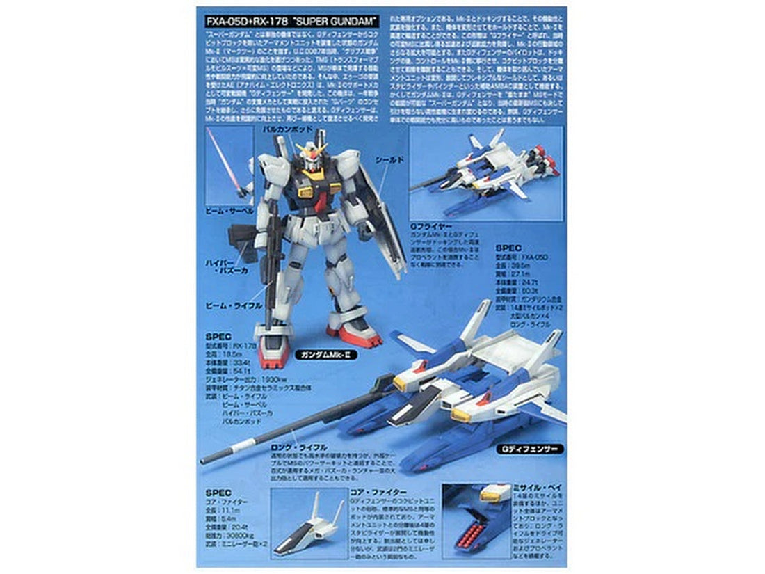 Technical diagram showing the standing Gundam Mk-II and its G-Defenser units, labeled with Japanese text and specs
