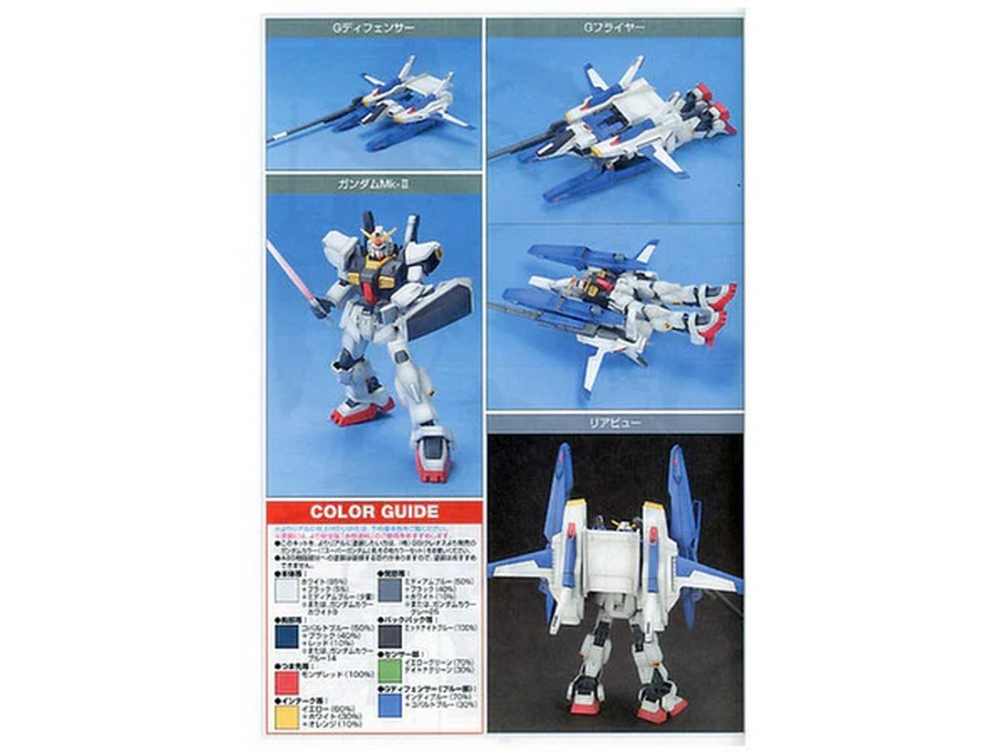 Product sheet showing the completed Gundam Mk-II model, G-Defenser component, and combined Super Gundam modes