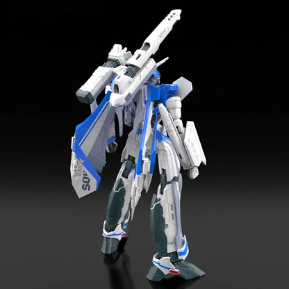 White and blue mecha model with large shoulder cannon and wing structures, standing against a dark background