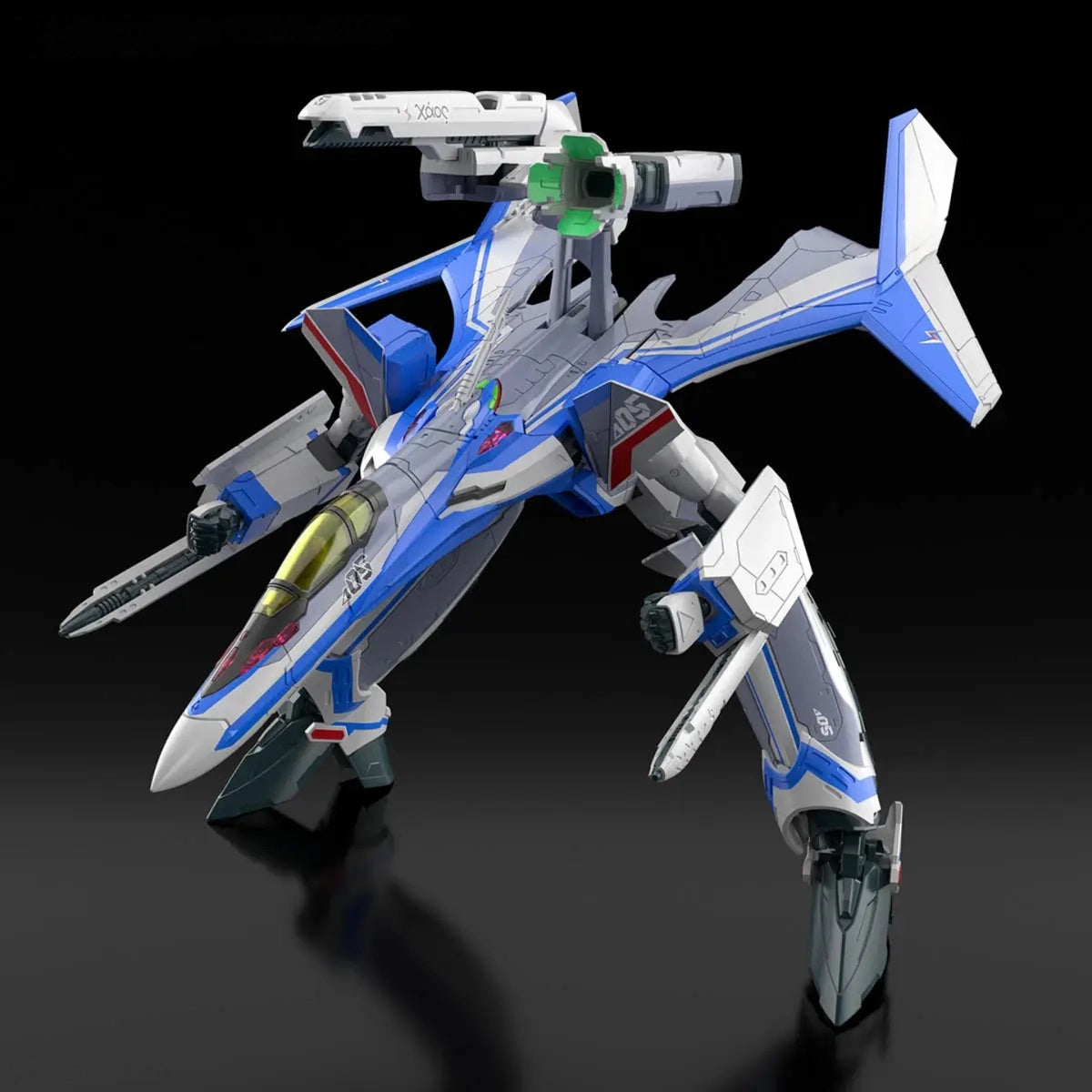 Detailed blue and white variable fighter model transforming into a standing mech (Gerwalk mode)