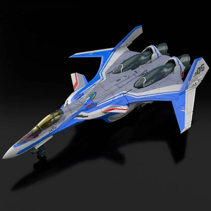 Detailed model of a blue and grey futuristic fighter jet (VF/Variable Fighter), isolated on a black background