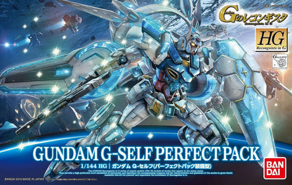 Box art showing the white and blue Gundam G-Self Perfect Pack Mobile Suit dynamically posed with weapons in space