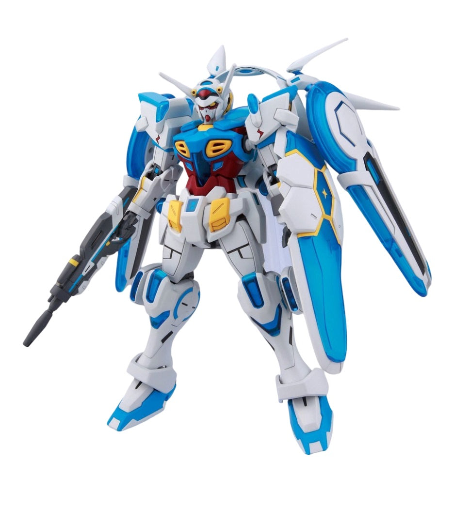 White and blue mecha figure with large wings and a rifle, posed against a white background