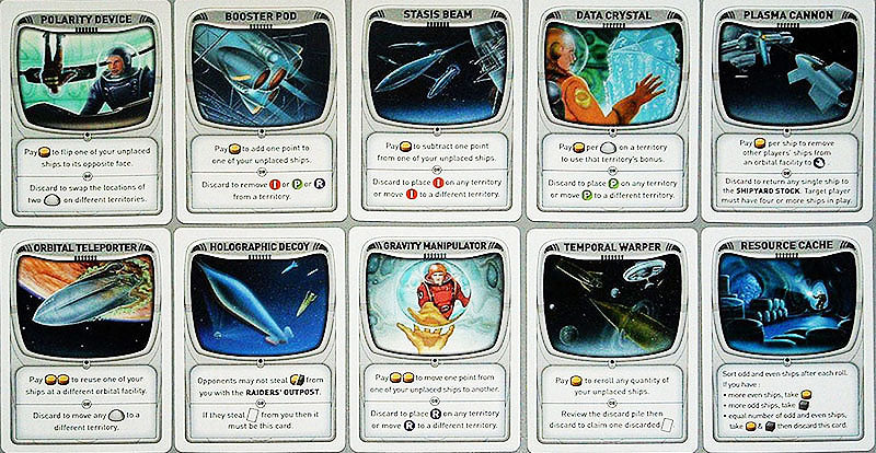 Ten white-bordered sci-fi game cards, depicting spaceships, astronauts, and futuristic devices, arranged in a grid