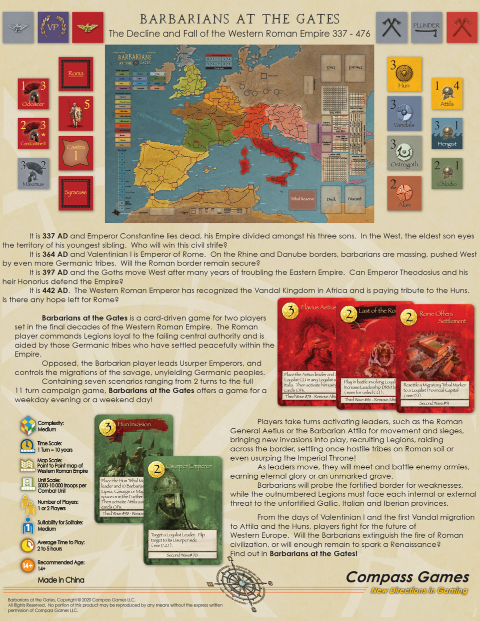 The image depicts Barbarians at the Gates, a board game with a map of the Western Roman Empire, various game cards, and descriptive text