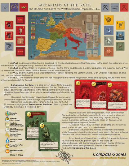 The image depicts Barbarians at the Gates, a board game with a map of the Western Roman Empire, various game cards, and descriptive text