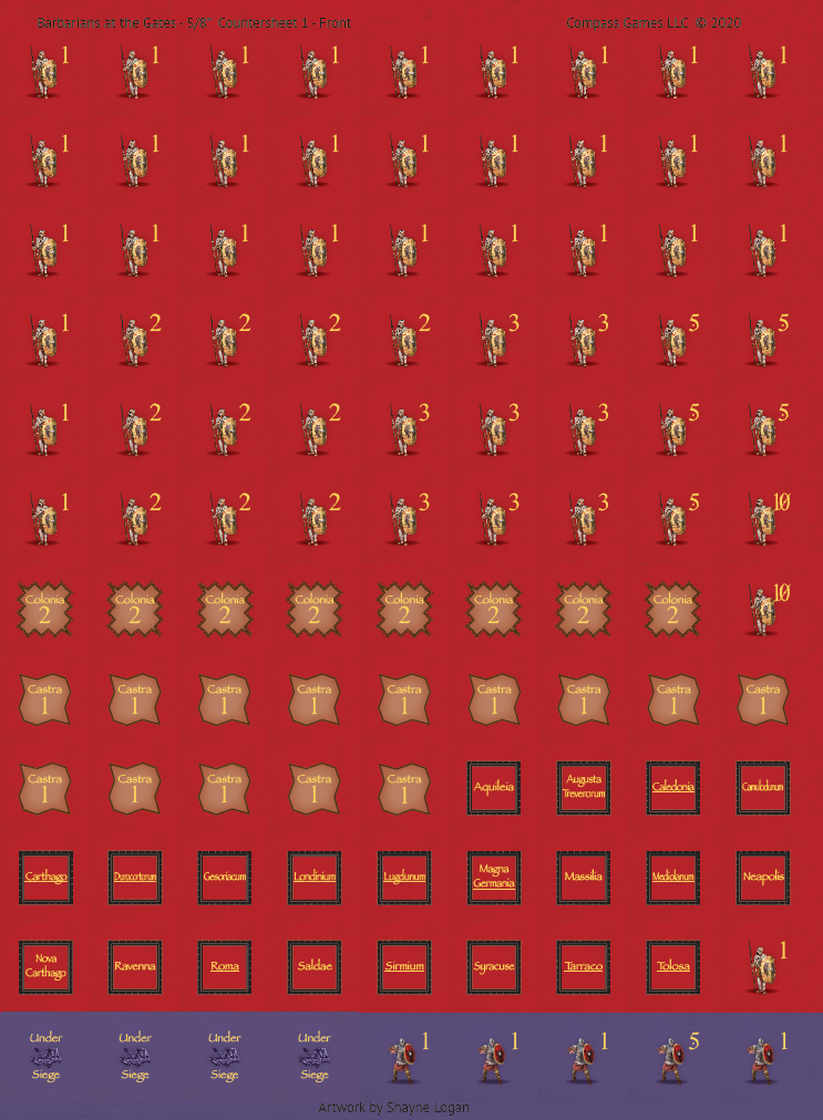 A Barbarians at the Gates game counters sheet with numerous Roman legionary units, including numbers, along with location tokens like Colonia, Castra, and various Roman city names