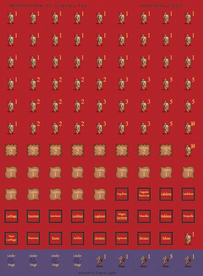 A Barbarians at the Gates game counters sheet with numerous Roman legionary units, including numbers, along with location tokens like Colonia, Castra, and various Roman city names