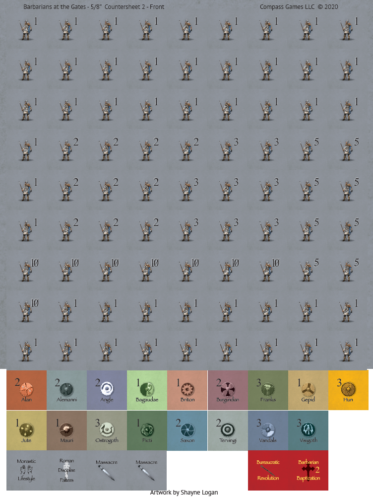Barbarians at the Gates countersheet showing small soldier units with numbers from 1 to 10, and larger counters for factions and game events