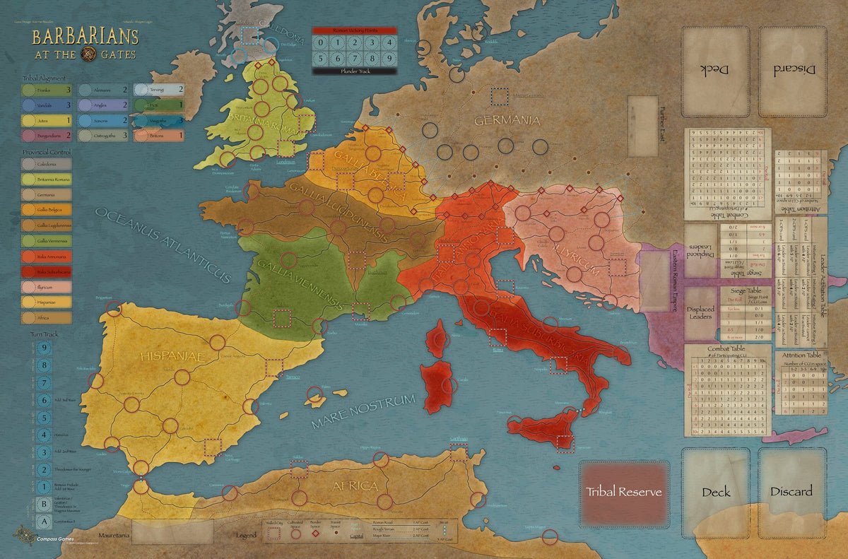 A Barbarians at the Gates board game map depicting Europe and North Africa with game tracks, tables, and card spaces for game components