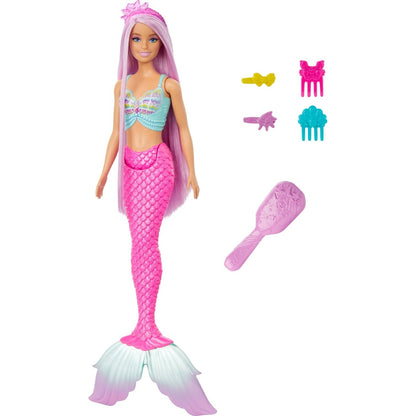 Barbie mermaid doll with long purple hair -  pink tail -  blue top -  and pink crown -  with accessories: brush and 4 clips