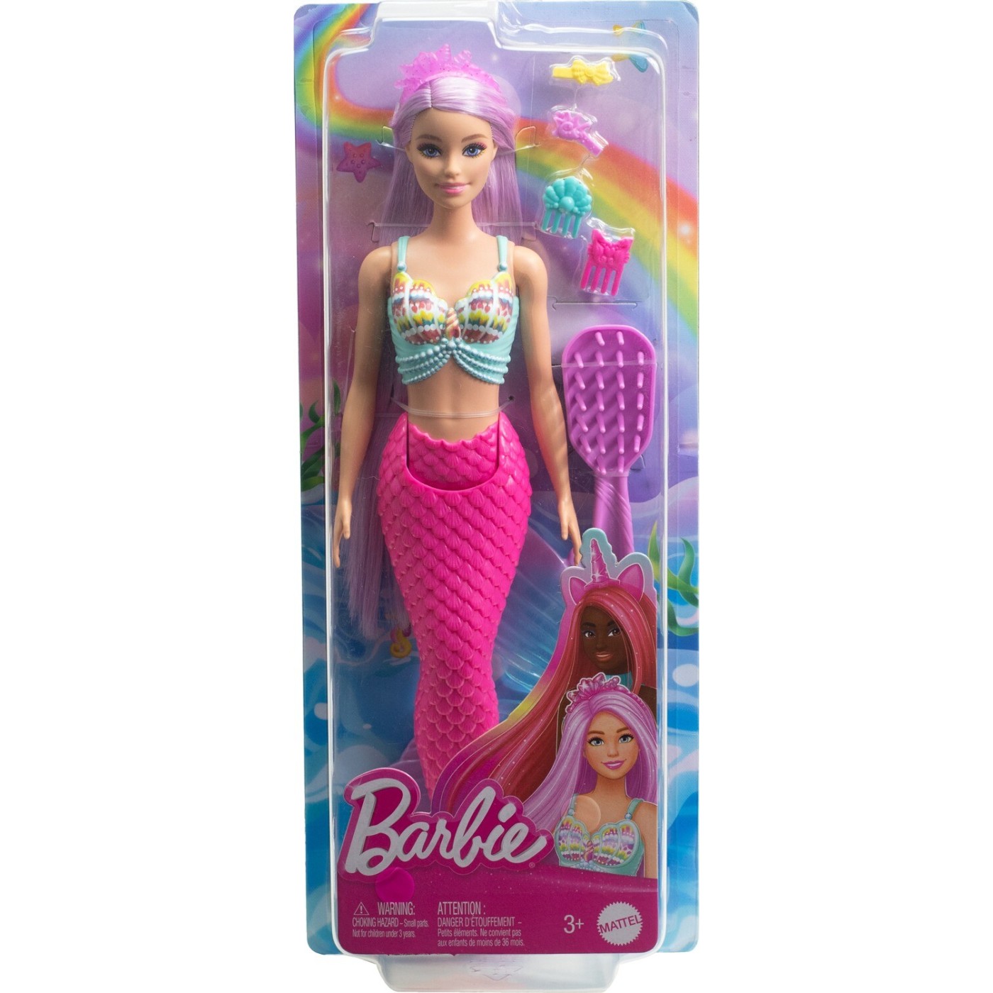Pink-tailed Barbie mermaid doll with lavender hair and seashell top -  packaged with hair accessories against a rainbow backdrop