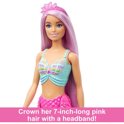 Mermaid Barbie doll with long pink hair -  wearing a pink crown -  aqua seashell top -  and pink scale tail