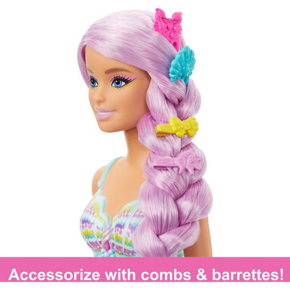 Barbie doll with long lavender braided hair -  adorned with colorful hair clips and barrettes