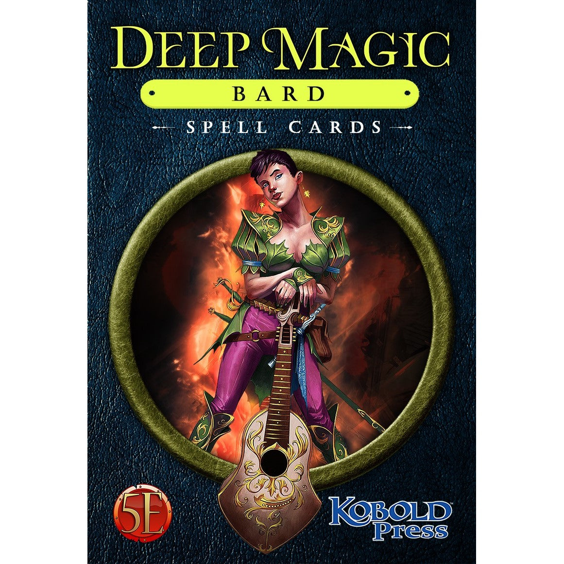 Deep Magic Bard Spell Cards cover depicts a confident female bard in green and purple, holding an ornate lute against an orange fiery backdrop