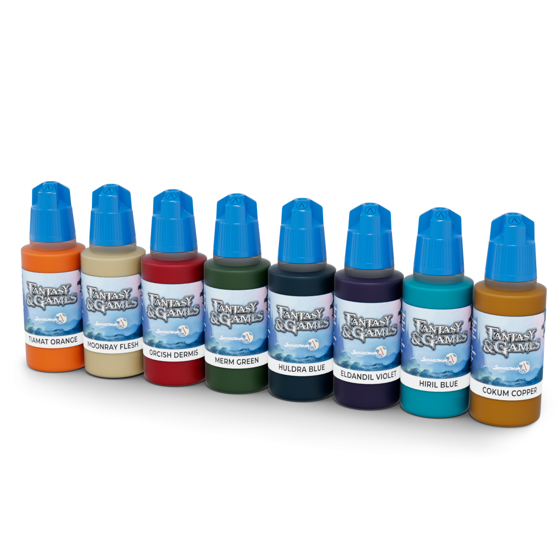 Eight colorful Fantasy & Games miniature paint dropper bottles, lined up