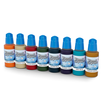 Eight colorful Fantasy & Games miniature paint dropper bottles, lined up